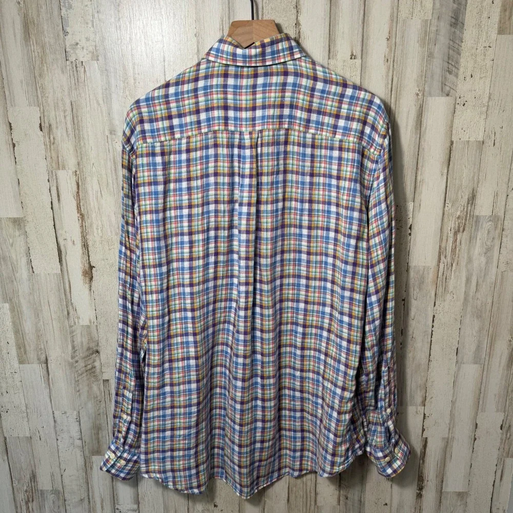 Peter Millar Crown Crafted Plaid Pastel 100% Linen Button Up Shirt Mens Size L‎